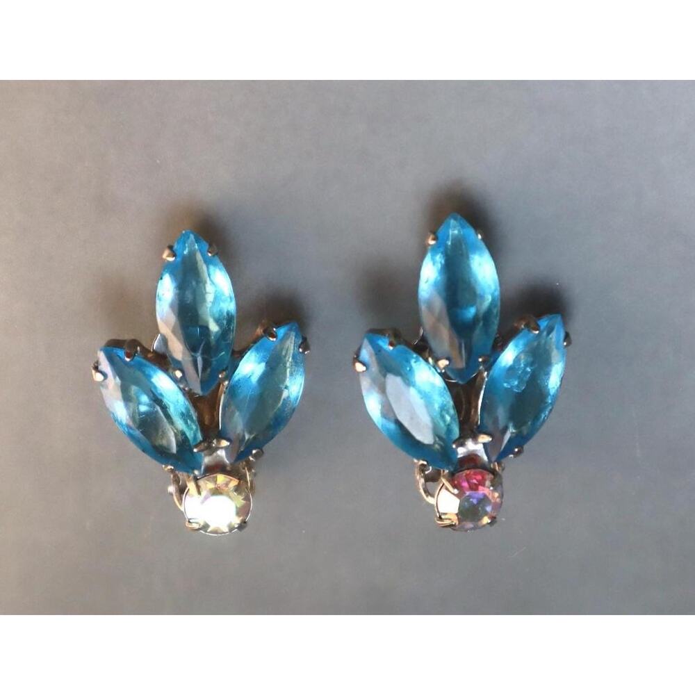 Vintage Aqua Unfoiled Glass Earrings Pink AB Rhinestones